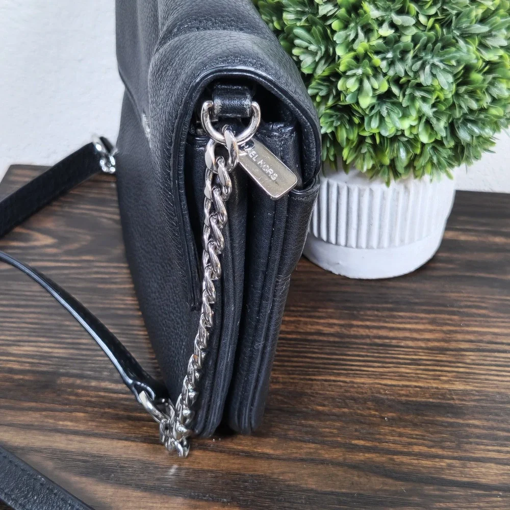 Michael Kors Bedford Double Gusset Pebble Leather Crossbody Bag Chain Purse
